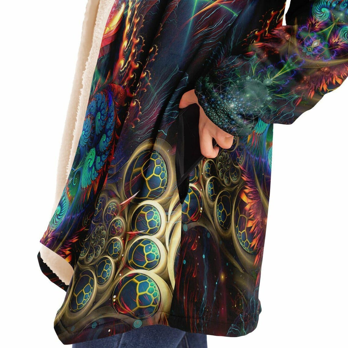 Psychedelic Fractal Art HOODED CLOAK, Trippy Festival Cape, Vibrant Rave Jacket, Colorful Coat, Shambhala, Burning Man Hoodie, Plus Size