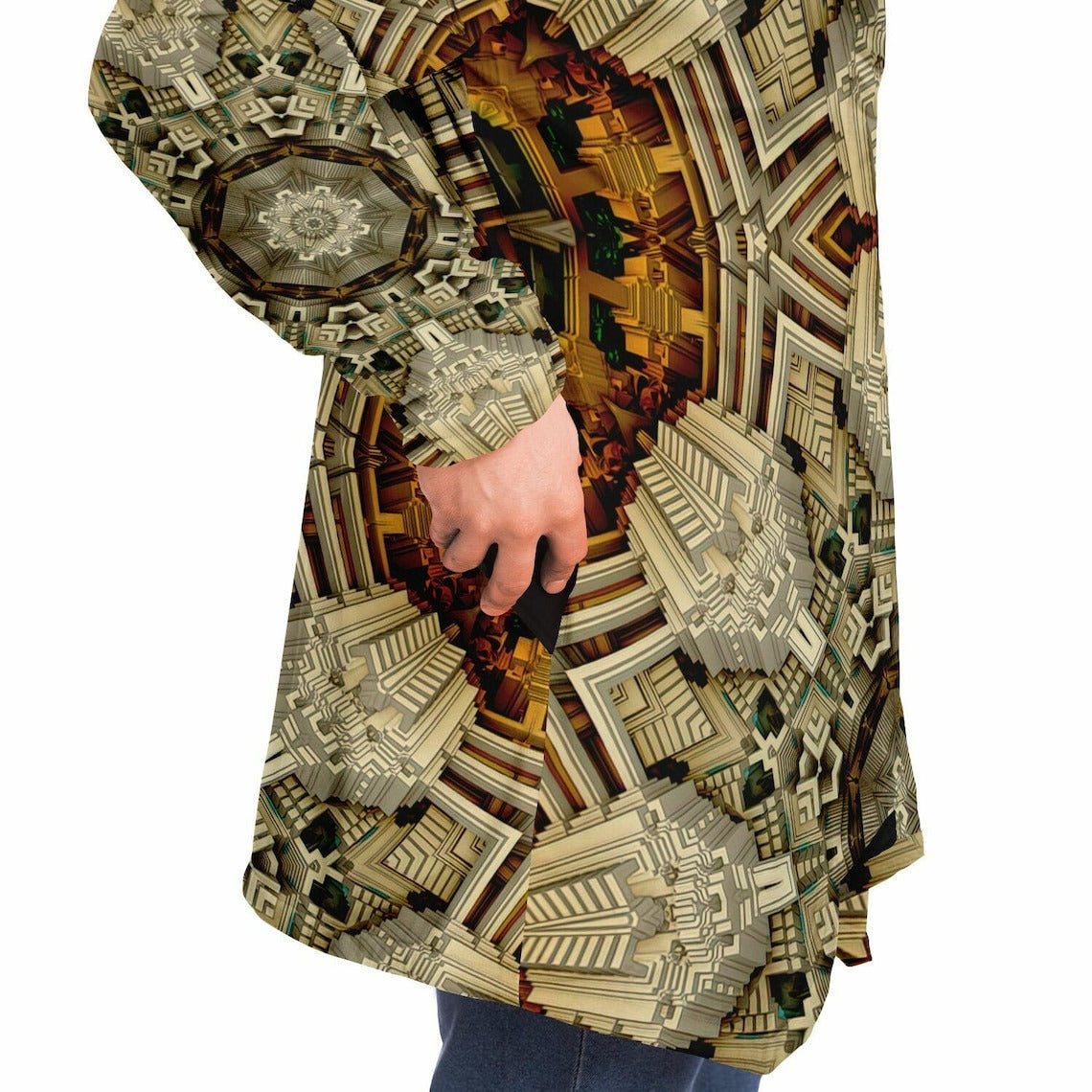 Mayan Mandala HOODED CLOAK, Fractal Cape, Neutral Tan Rave Jacket, Trippy Festival Coat, Unique Outerwear for Festivals, Fractal Art Robe