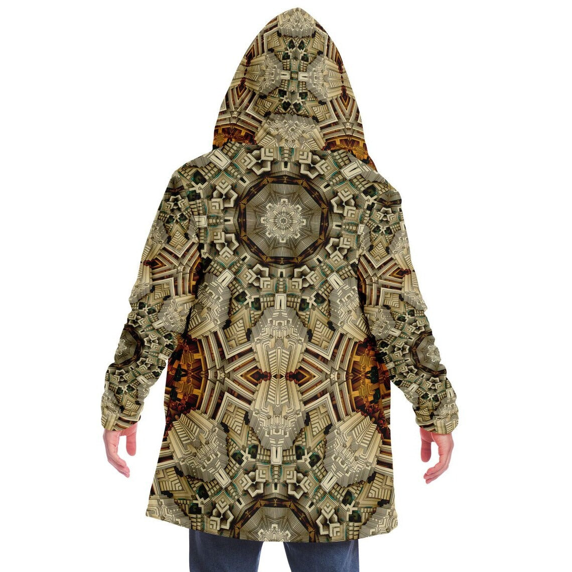 Mayan Mandala HOODED CLOAK, Fractal Cape, Neutral Tan Rave Jacket, Trippy Festival Coat, Unique Outerwear for Festivals, Fractal Art Robe