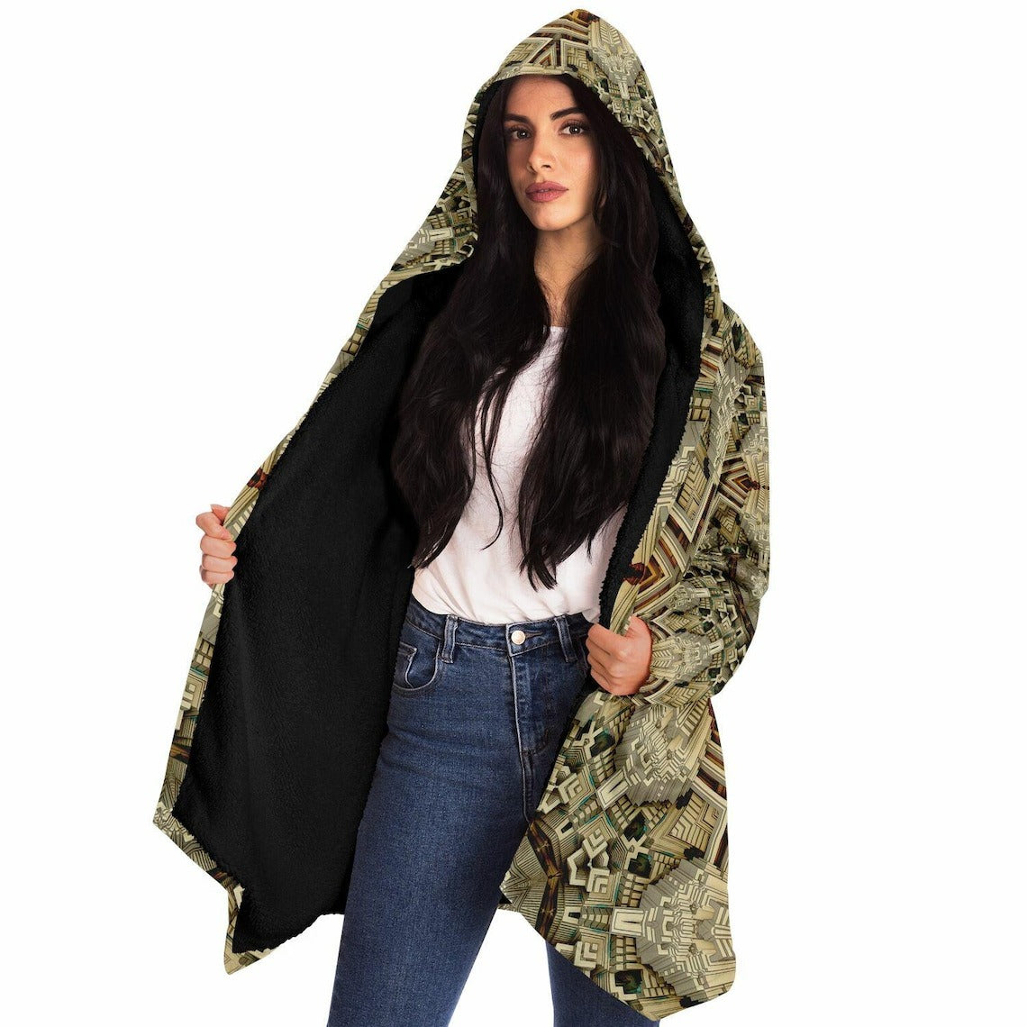 Mayan Mandala HOODED CLOAK, Fractal Cape, Neutral Tan Rave Jacket, Trippy Festival Coat, Unique Outerwear for Festivals, Fractal Art Robe