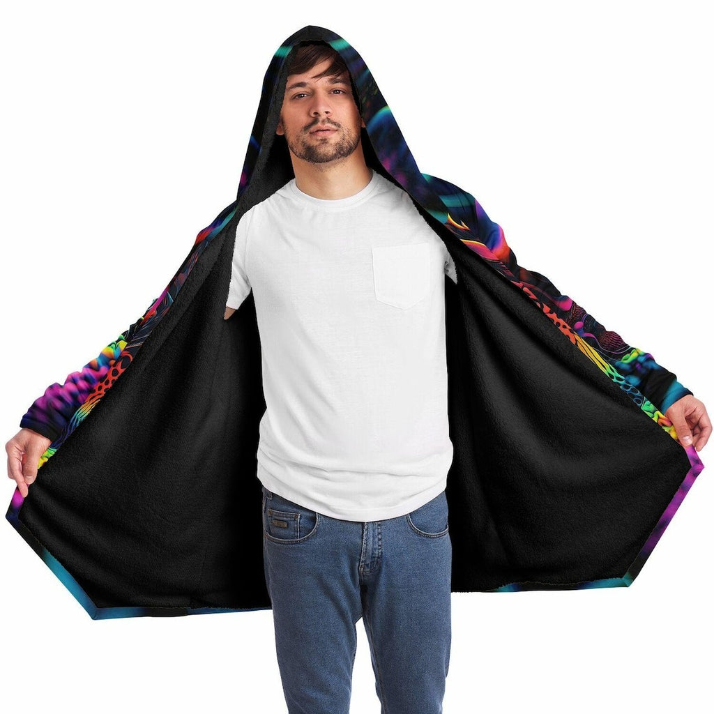Trippy Neon HOODED CLOAK, Vibrant Neon Rave Jacket, Psychedelic Cape, Colorful Festival Coat, Unique Outerwear for Festivals, Wizard Robe