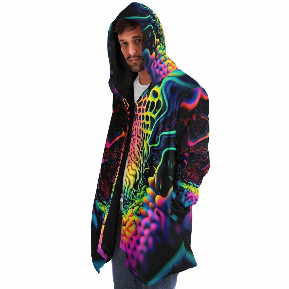 Trippy Neon HOODED CLOAK, Vibrant Neon Rave Jacket, Psychedelic Cape, Colorful Festival Coat, Unique Outerwear for Festivals, Wizard Robe