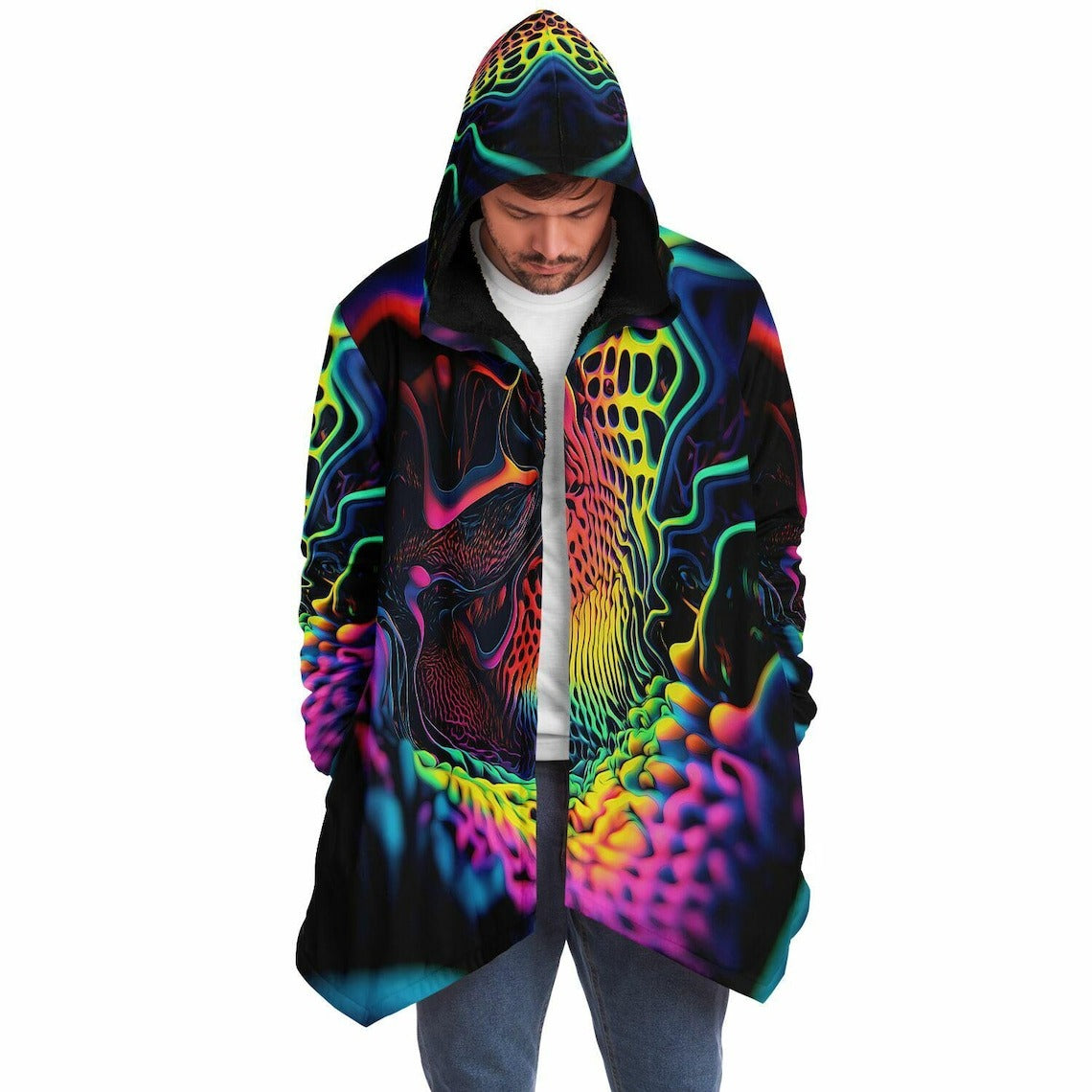 Trippy Neon HOODED CLOAK, Vibrant Neon Rave Jacket, Psychedelic Cape, Colorful Festival Coat, Unique Outerwear for Festivals, Wizard Robe