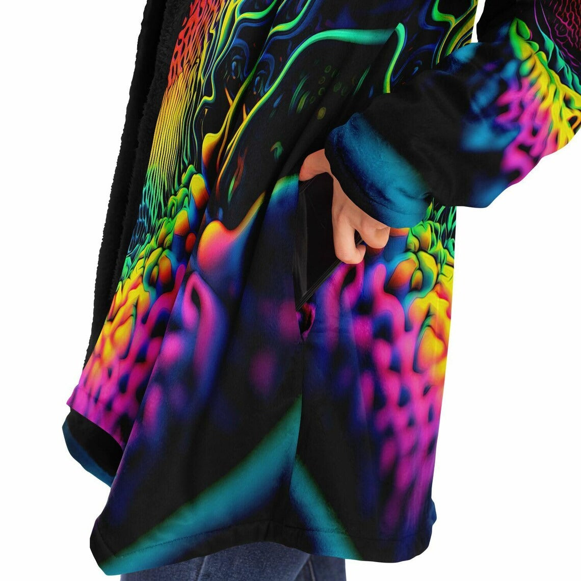 Trippy Neon HOODED CLOAK, Vibrant Neon Rave Jacket, Psychedelic Cape, Colorful Festival Coat, Unique Outerwear for Festivals, Wizard Robe