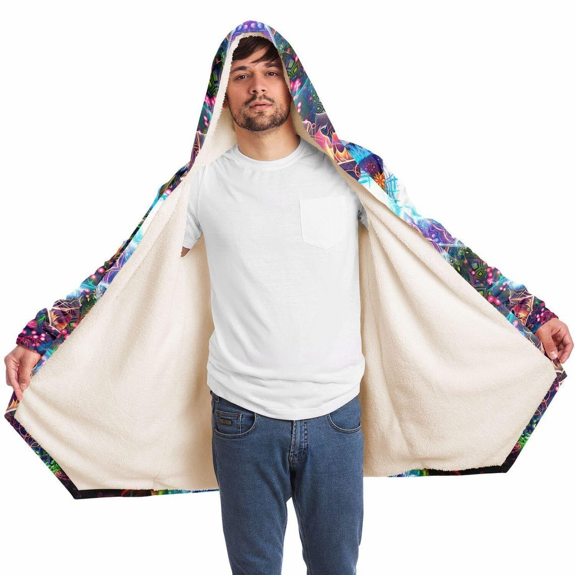 Psychedelic Tiger Cloak, Trippy Spirit Animal Hooded Robe, Colorful Visionary Sherpa Hoodie, Festival Clothing for Men & Women