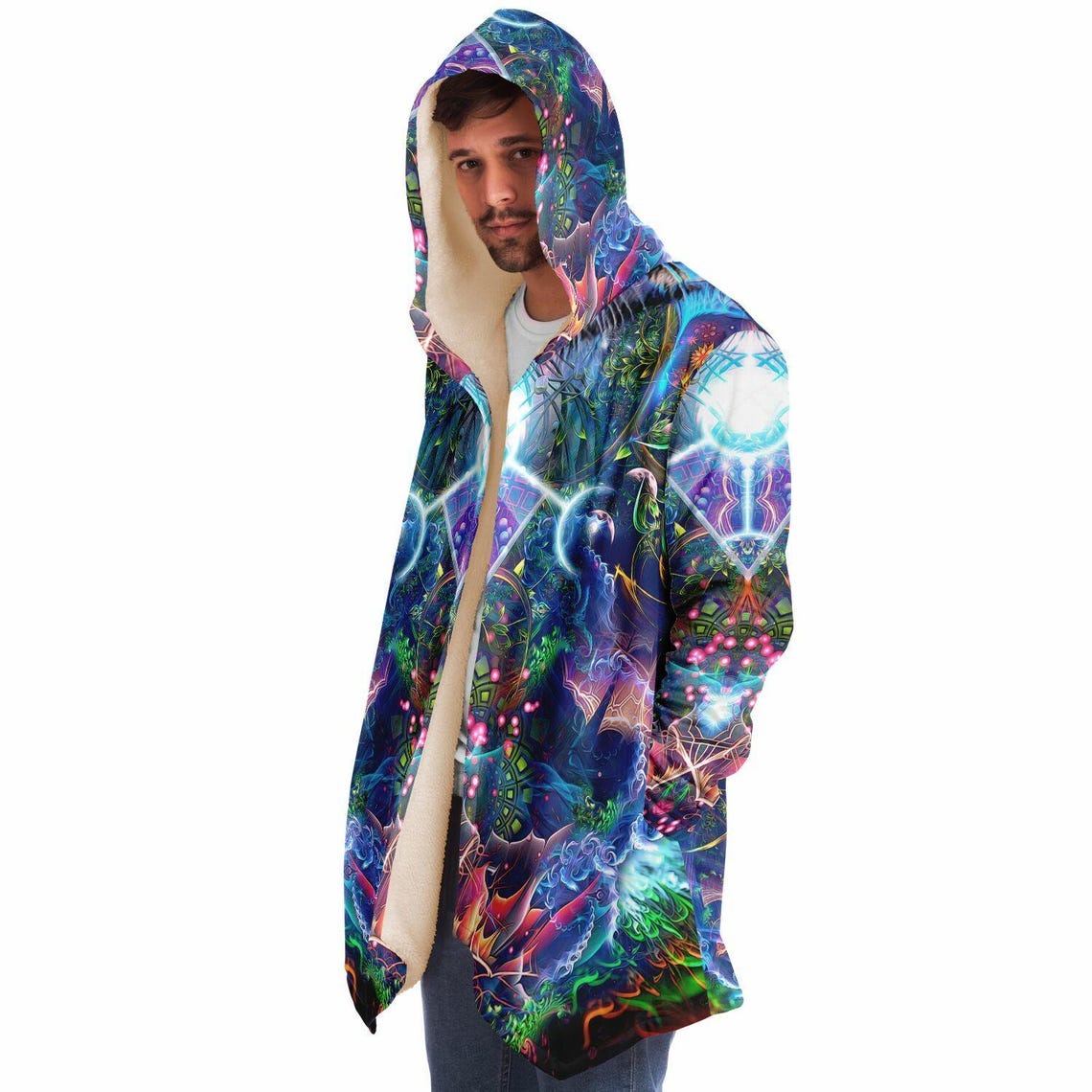 Psychedelic Tiger Cloak, Trippy Spirit Animal Hooded Robe, Colorful Visionary Sherpa Hoodie, Festival Clothing for Men & Women