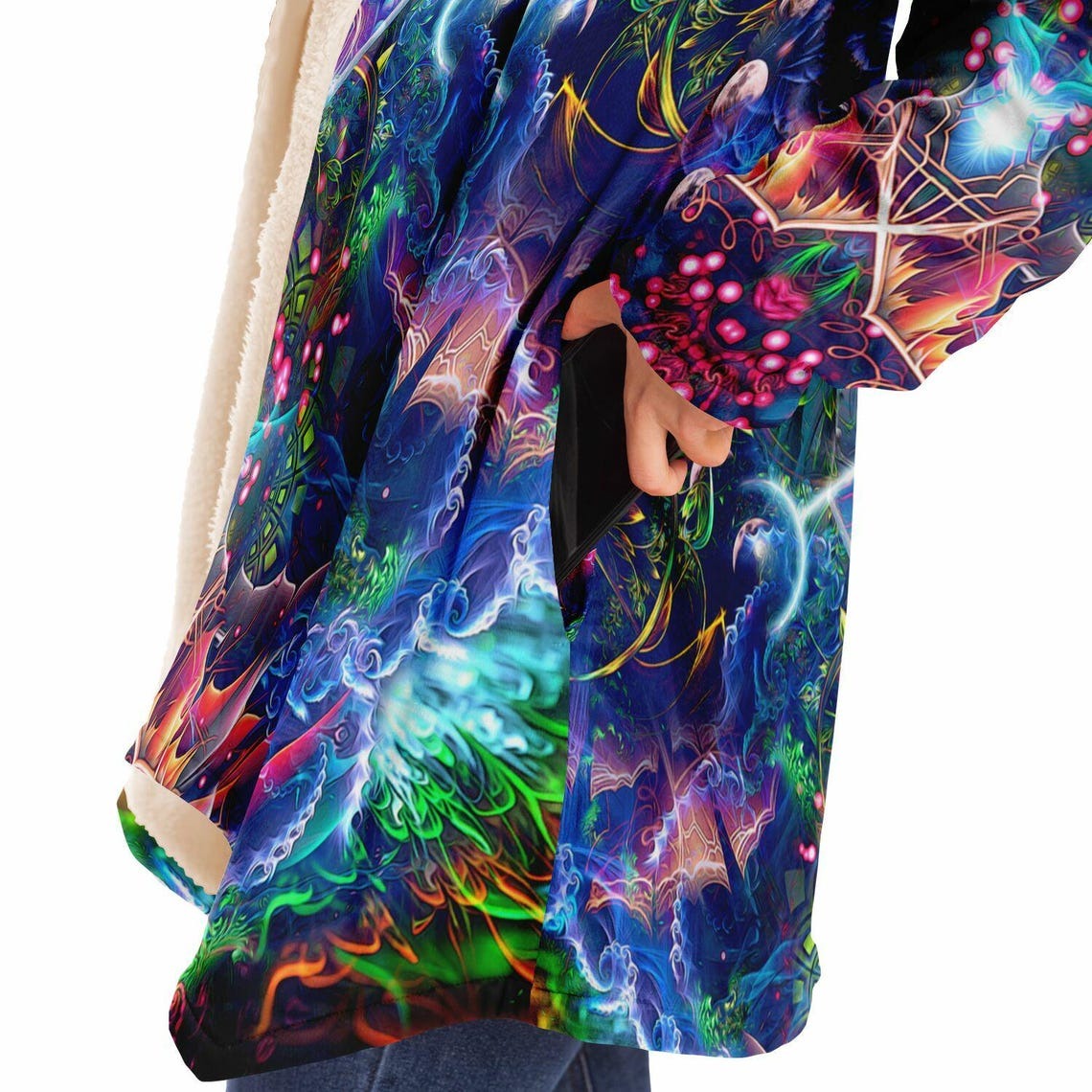 Psychedelic Tiger Cloak, Trippy Spirit Animal Hooded Robe, Colorful Visionary Sherpa Hoodie, Festival Clothing for Men & Women