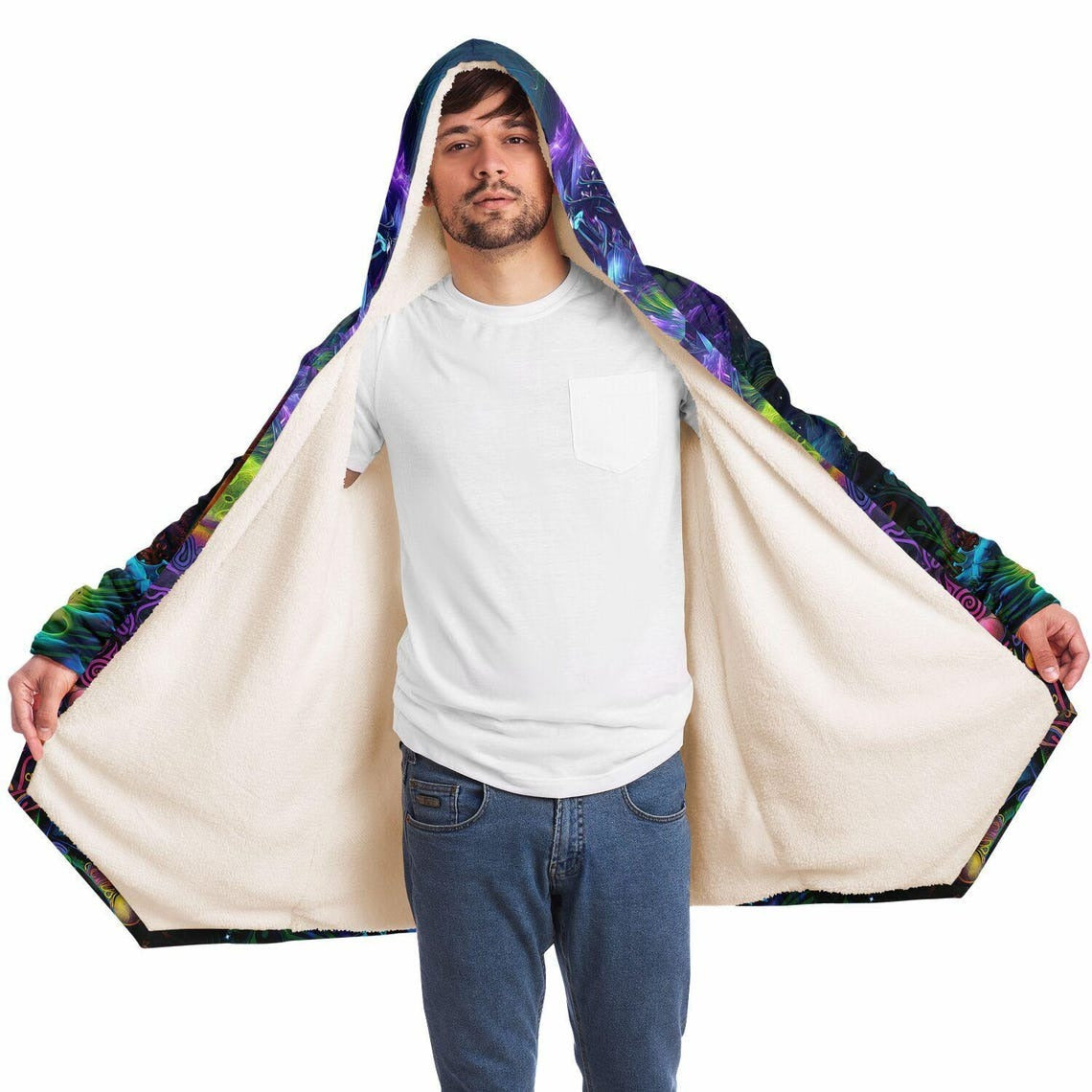 Frog Art HOODED CLOAK, Visionary Art, Psychedelic Cape, Vibrant Rave Jacket, Colorful Festival Coat, Unique Fractal Outerwear for Festivals