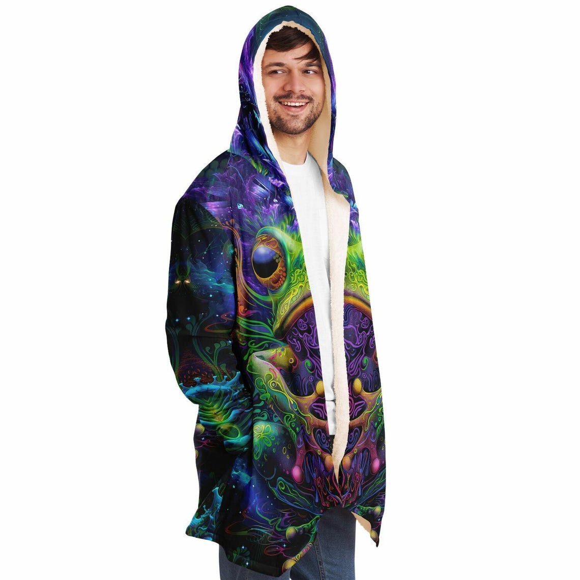 Frog Art HOODED CLOAK, Visionary Art, Psychedelic Cape, Vibrant Rave Jacket, Colorful Festival Coat, Unique Fractal Outerwear for Festivals
