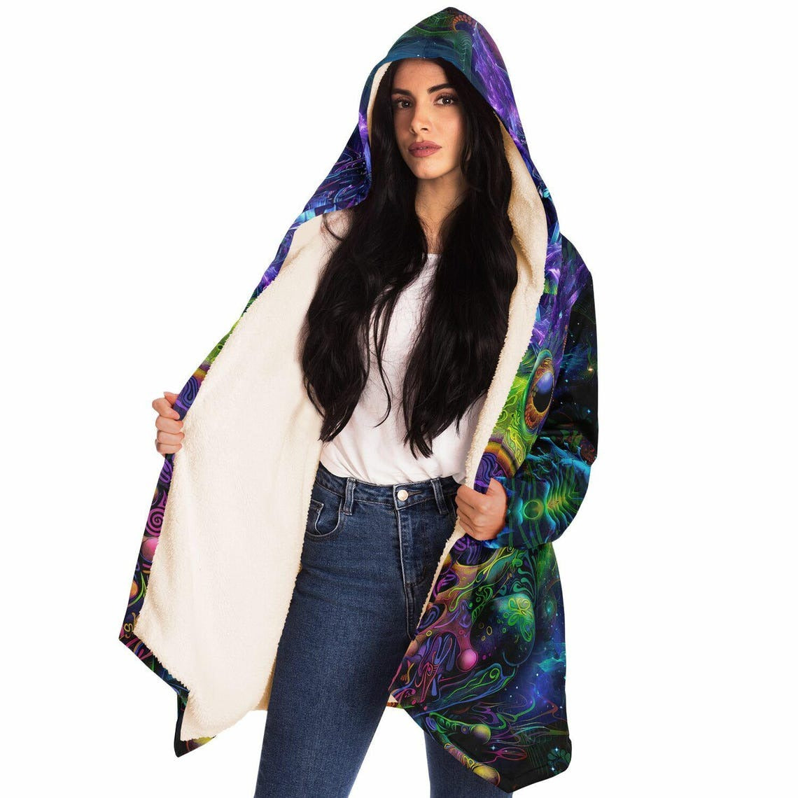 Frog Art HOODED CLOAK, Visionary Art, Psychedelic Cape, Vibrant Rave Jacket, Colorful Festival Coat, Unique Fractal Outerwear for Festivals