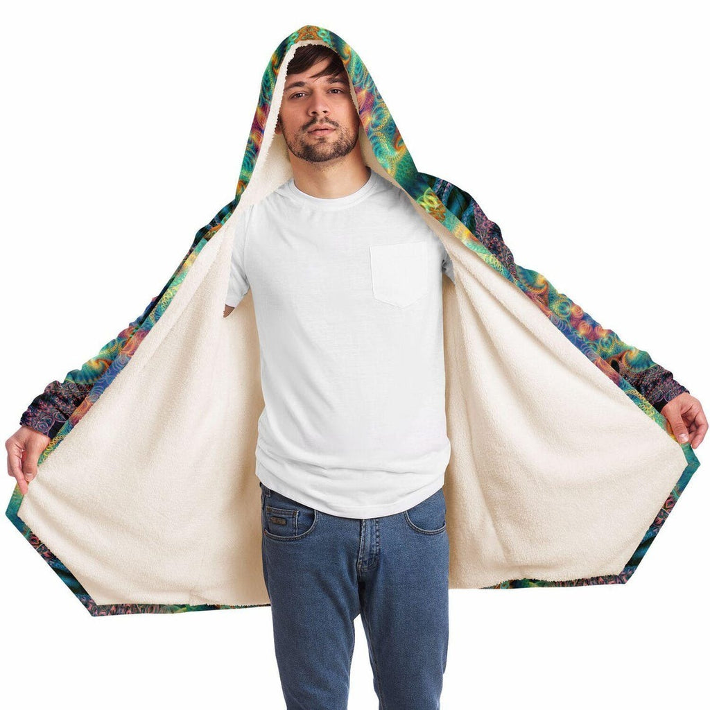 Healing Fractal Mandala HOODED CLOAK, Psychedelic Festival Hoodie, Vibrant Neon Rave Jacket, Trippy Festival Coat, Wizard Robe, Burning Man