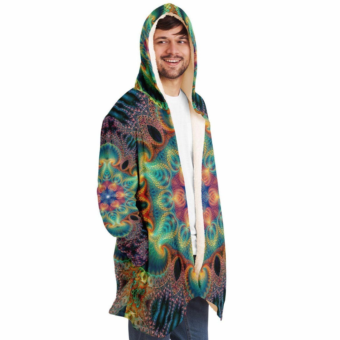 Healing Fractal Mandala HOODED CLOAK, Psychedelic Festival Hoodie, Vibrant Neon Rave Jacket, Trippy Festival Coat, Wizard Robe, Burning Man