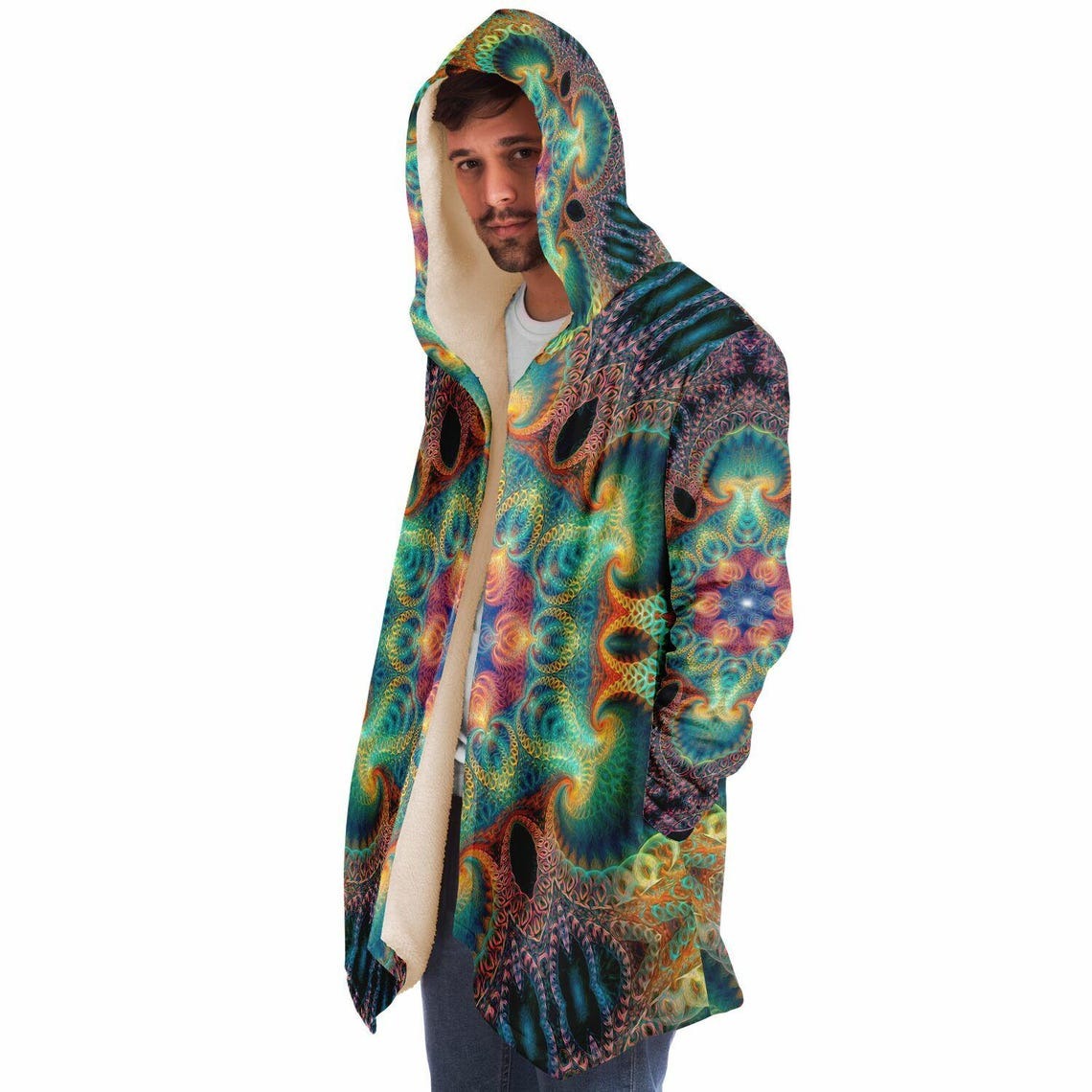 Healing Fractal Mandala HOODED CLOAK, Psychedelic Festival Hoodie, Vibrant Neon Rave Jacket, Trippy Festival Coat, Wizard Robe, Burning Man