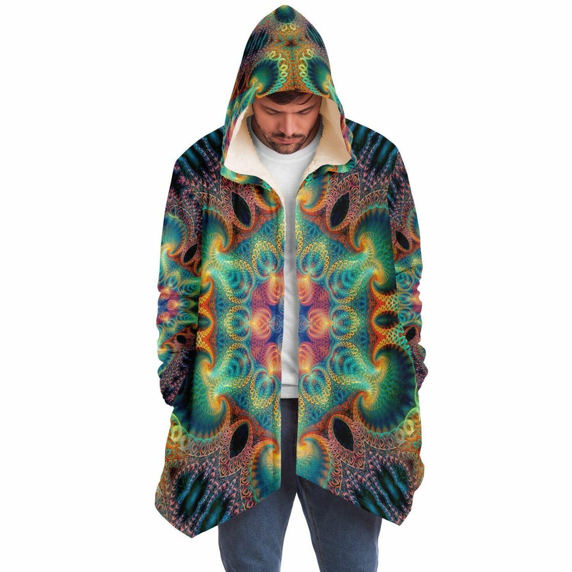 Healing Fractal Mandala HOODED CLOAK, Psychedelic Festival Hoodie, Vibrant Neon Rave Jacket, Trippy Festival Coat, Wizard Robe, Burning Man
