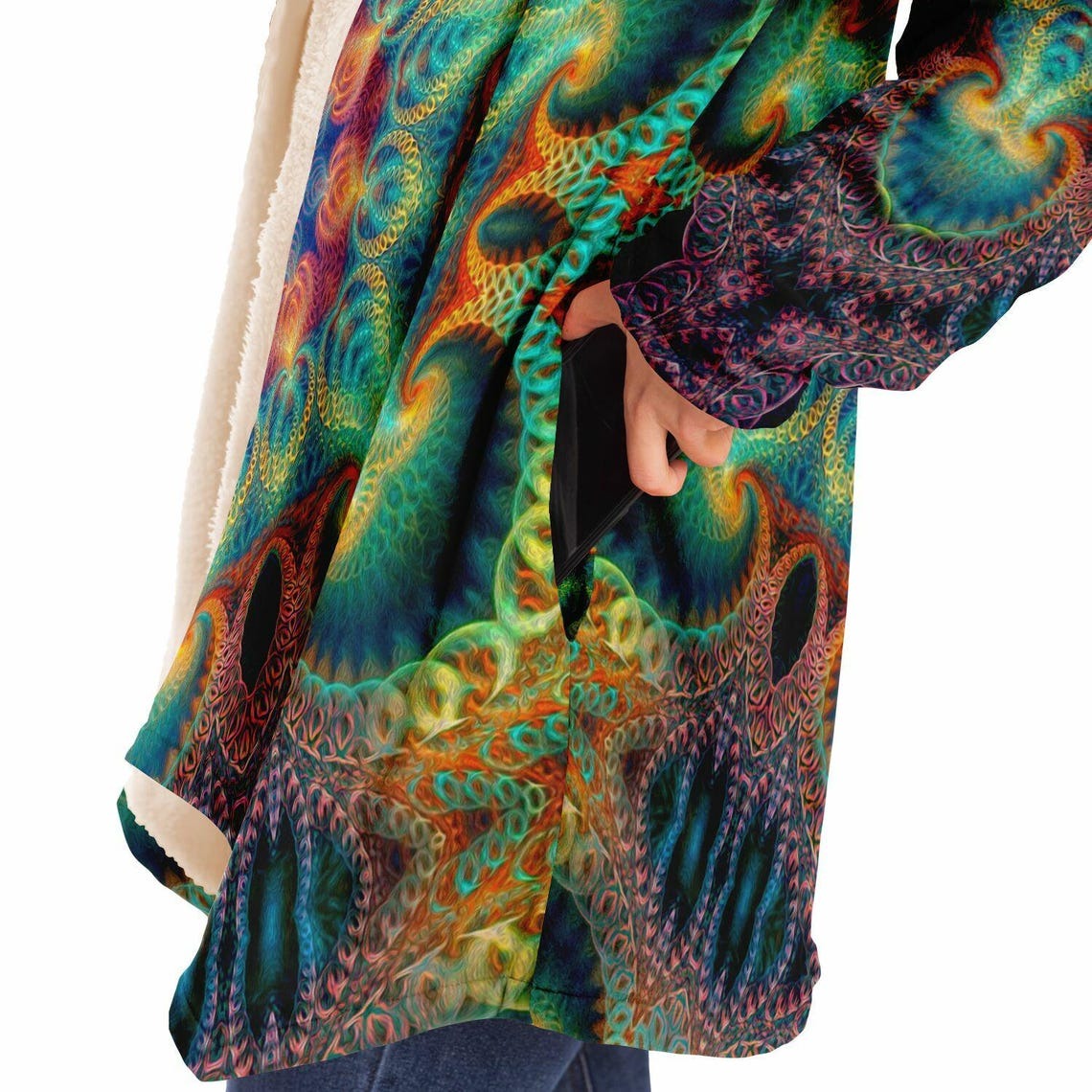 Healing Fractal Mandala HOODED CLOAK, Psychedelic Festival Hoodie, Vibrant Neon Rave Jacket, Trippy Festival Coat, Wizard Robe, Burning Man