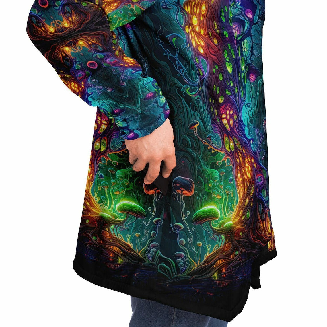Trippy Mushroom HOODED CLOAK, Psychedelic Fungus Festival Hoodie, Vibrant Neon Rave Jacket, Colorful Festival Coat, Wizard Robe, Cape
