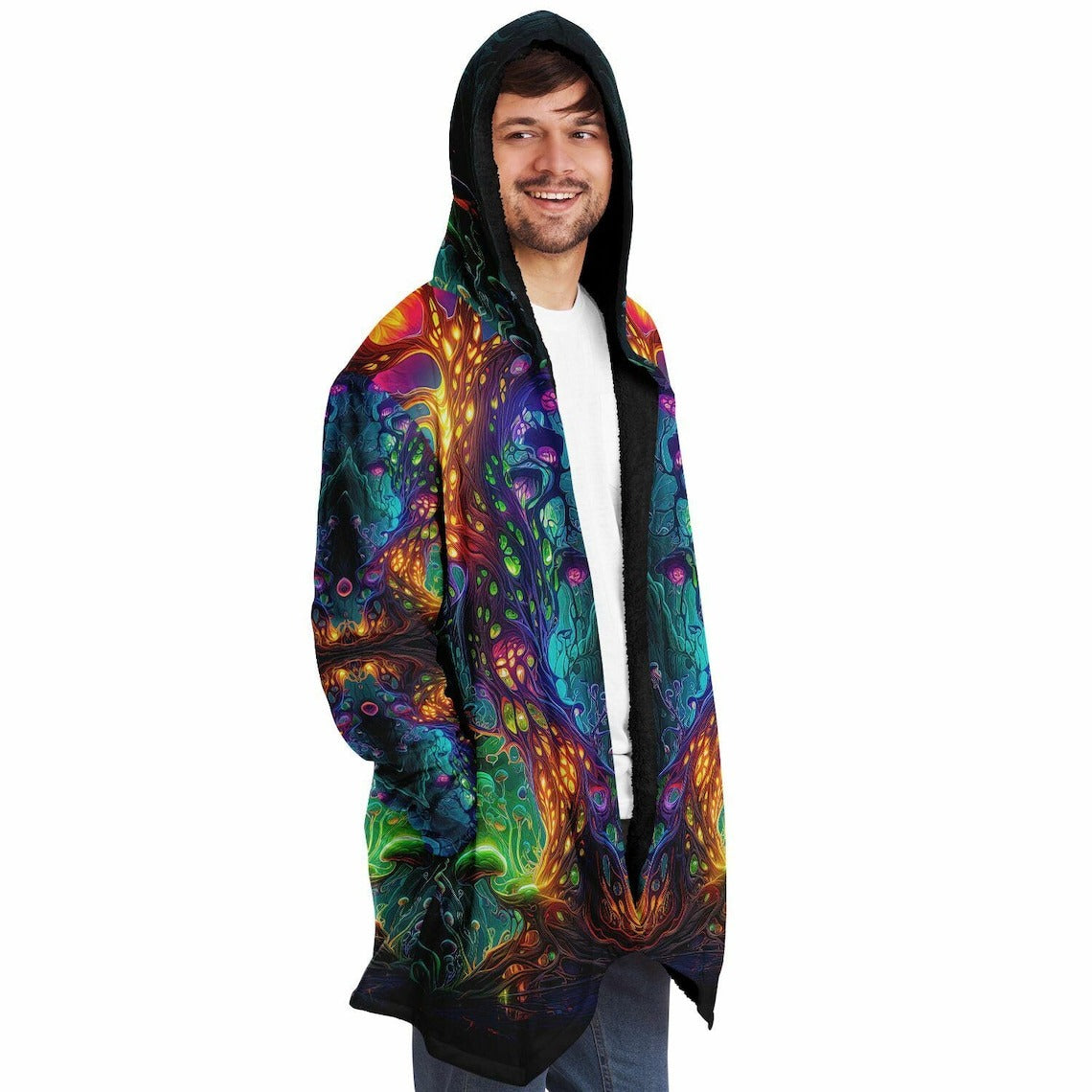 Trippy Mushroom HOODED CLOAK, Psychedelic Fungus Festival Hoodie, Vibrant Neon Rave Jacket, Colorful Festival Coat, Wizard Robe, Cape