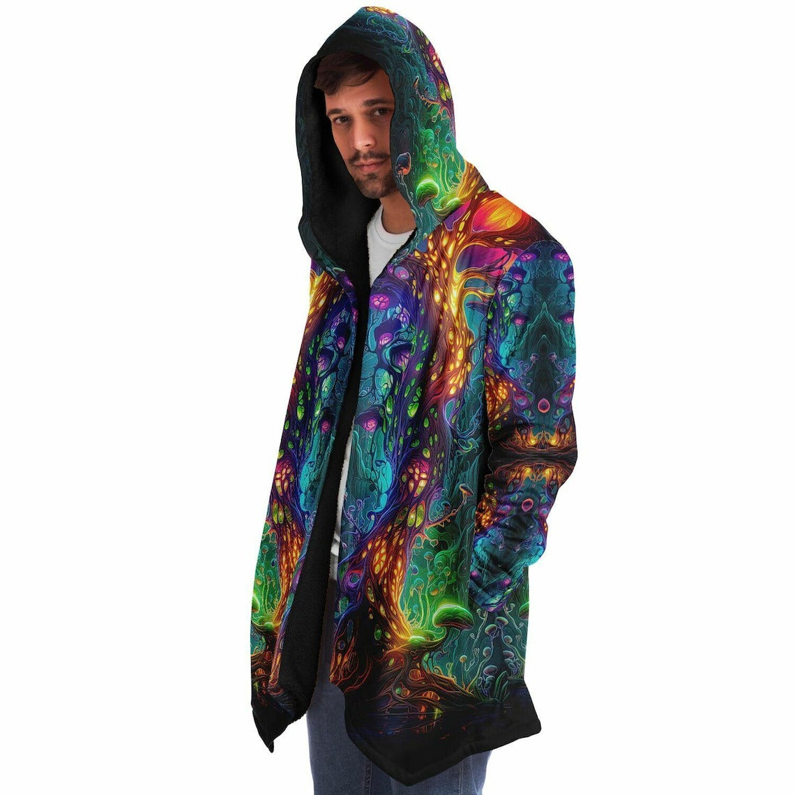 Trippy Mushroom HOODED CLOAK, Psychedelic Fungus Festival Hoodie, Vibrant Neon Rave Jacket, Colorful Festival Coat, Wizard Robe, Cape