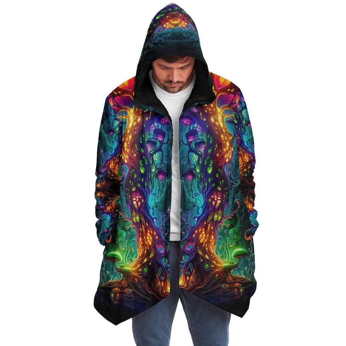 Trippy Mushroom HOODED CLOAK, Psychedelic Fungus Festival Hoodie, Vibrant Neon Rave Jacket, Colorful Festival Coat, Wizard Robe, Cape
