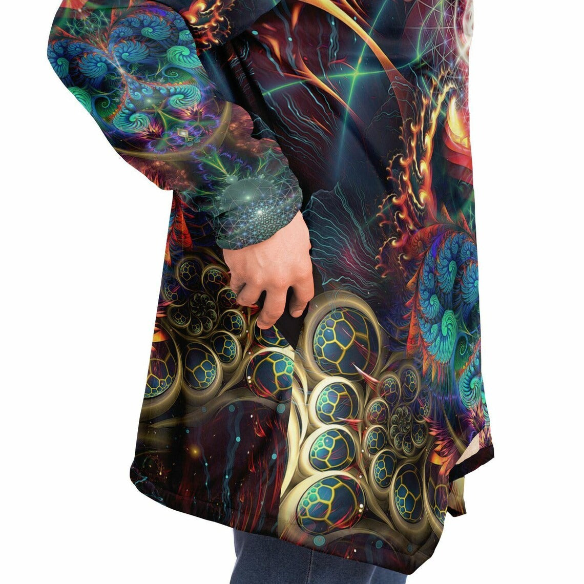 Psychedelic Fractal Art HOODED CLOAK, Trippy Festival Cape, Vibrant Rave Jacket, Colorful Coat, Shambhala, Burning Man Hoodie, Plus Size