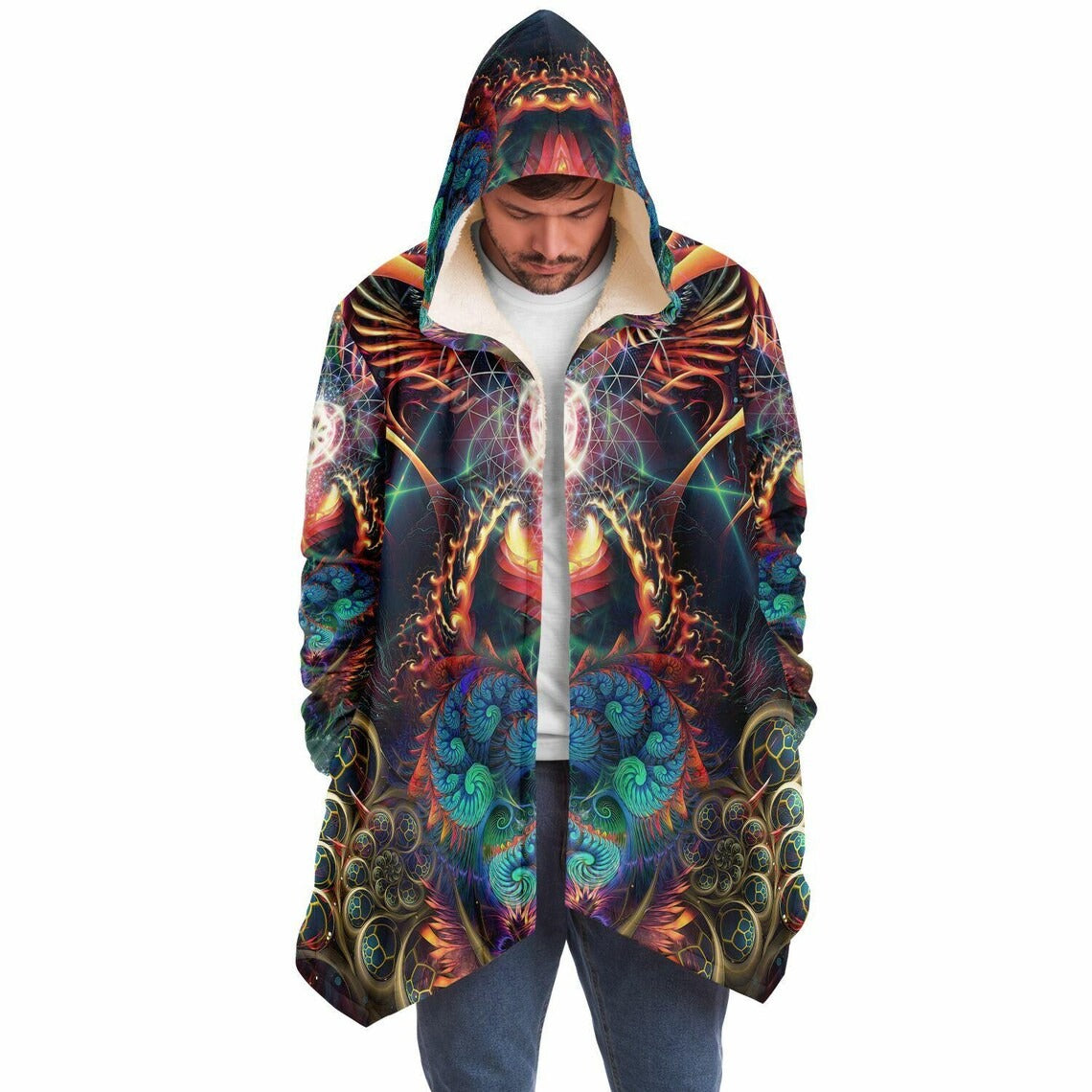 Psychedelic Fractal Art HOODED CLOAK, Trippy Festival Cape, Vibrant Rave Jacket, Colorful Coat, Shambhala, Burning Man Hoodie, Plus Size