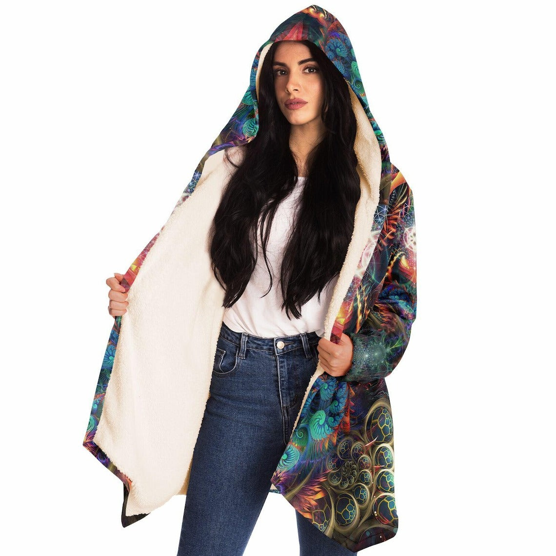 Psychedelic Fractal Art HOODED CLOAK, Trippy Festival Cape, Vibrant Rave Jacket, Colorful Coat, Shambhala, Burning Man Hoodie, Plus Size