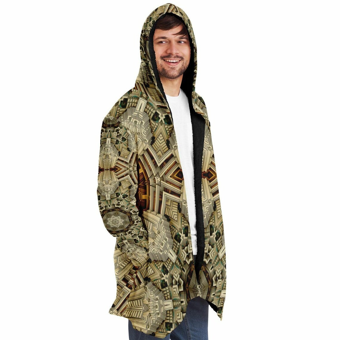 Mayan Mandala HOODED CLOAK, Fractal Cape, Neutral Tan Rave Jacket, Trippy Festival Coat, Unique Outerwear for Festivals, Fractal Art Robe