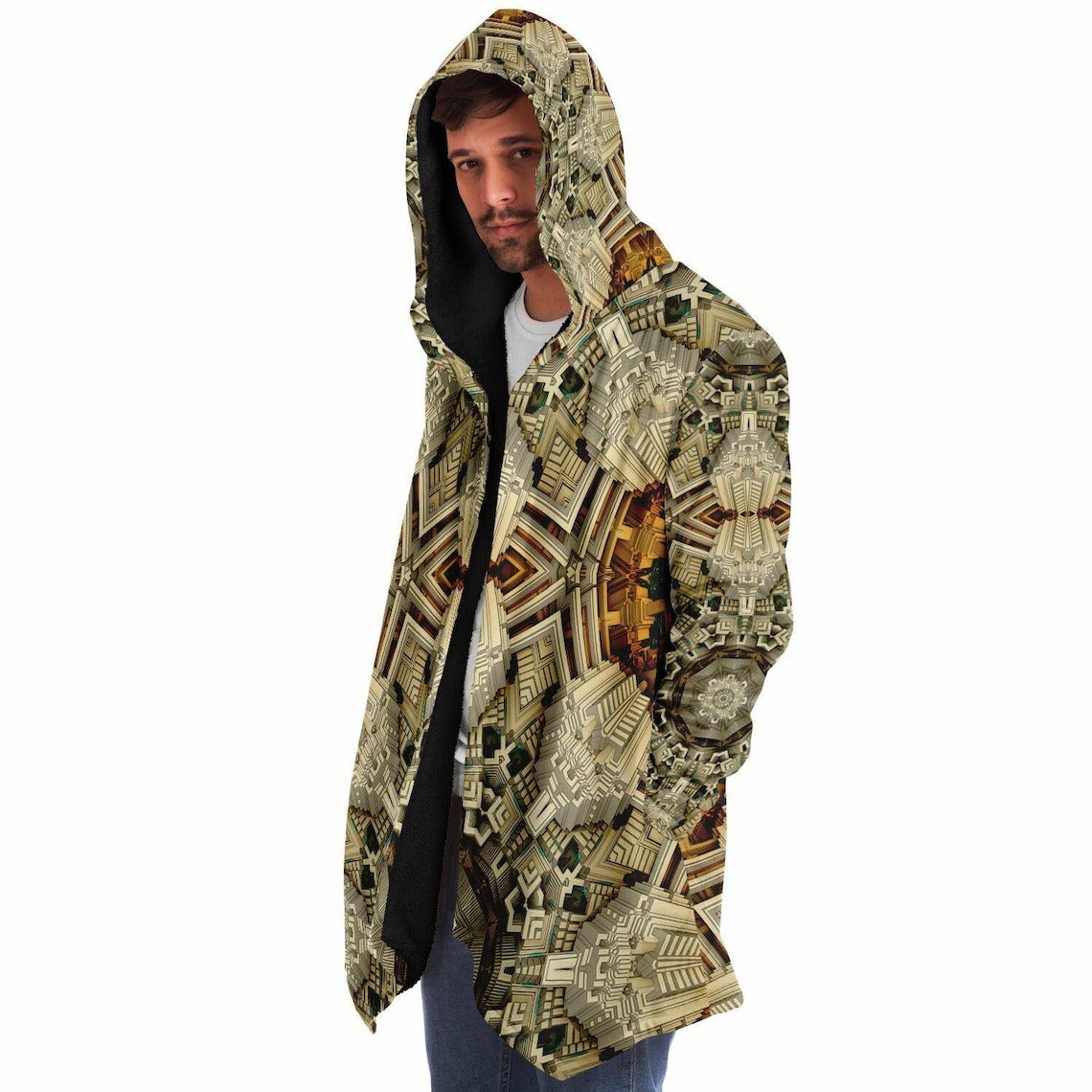 Mayan Mandala HOODED CLOAK, Fractal Cape, Neutral Tan Rave Jacket, Trippy Festival Coat, Unique Outerwear for Festivals, Fractal Art Robe