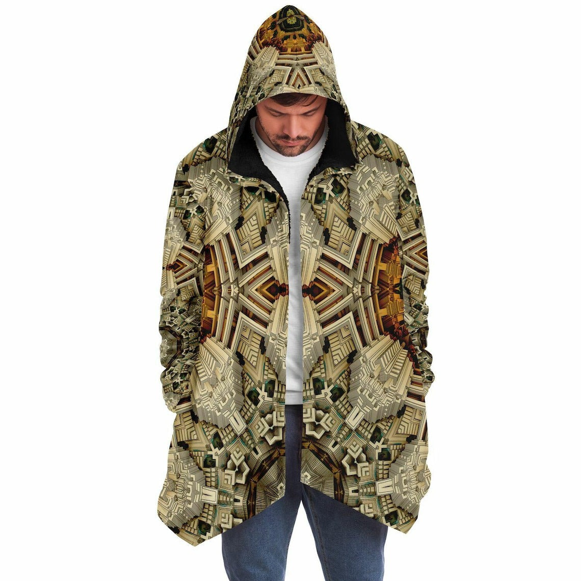 Mayan Mandala HOODED CLOAK, Fractal Cape, Neutral Tan Rave Jacket, Trippy Festival Coat, Unique Outerwear for Festivals, Fractal Art Robe