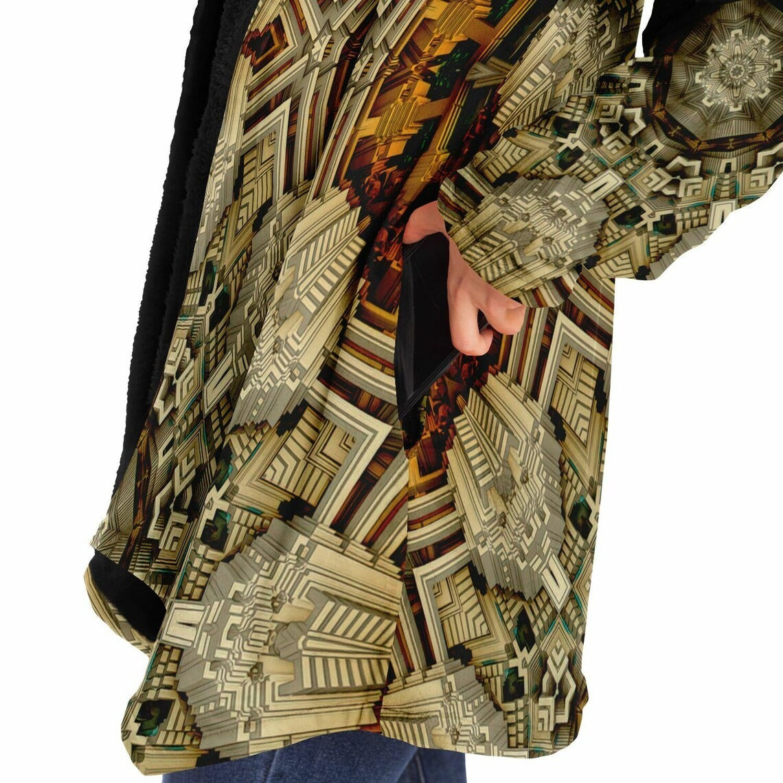 Mayan Mandala HOODED CLOAK, Fractal Cape, Neutral Tan Rave Jacket, Trippy Festival Coat, Unique Outerwear for Festivals, Fractal Art Robe