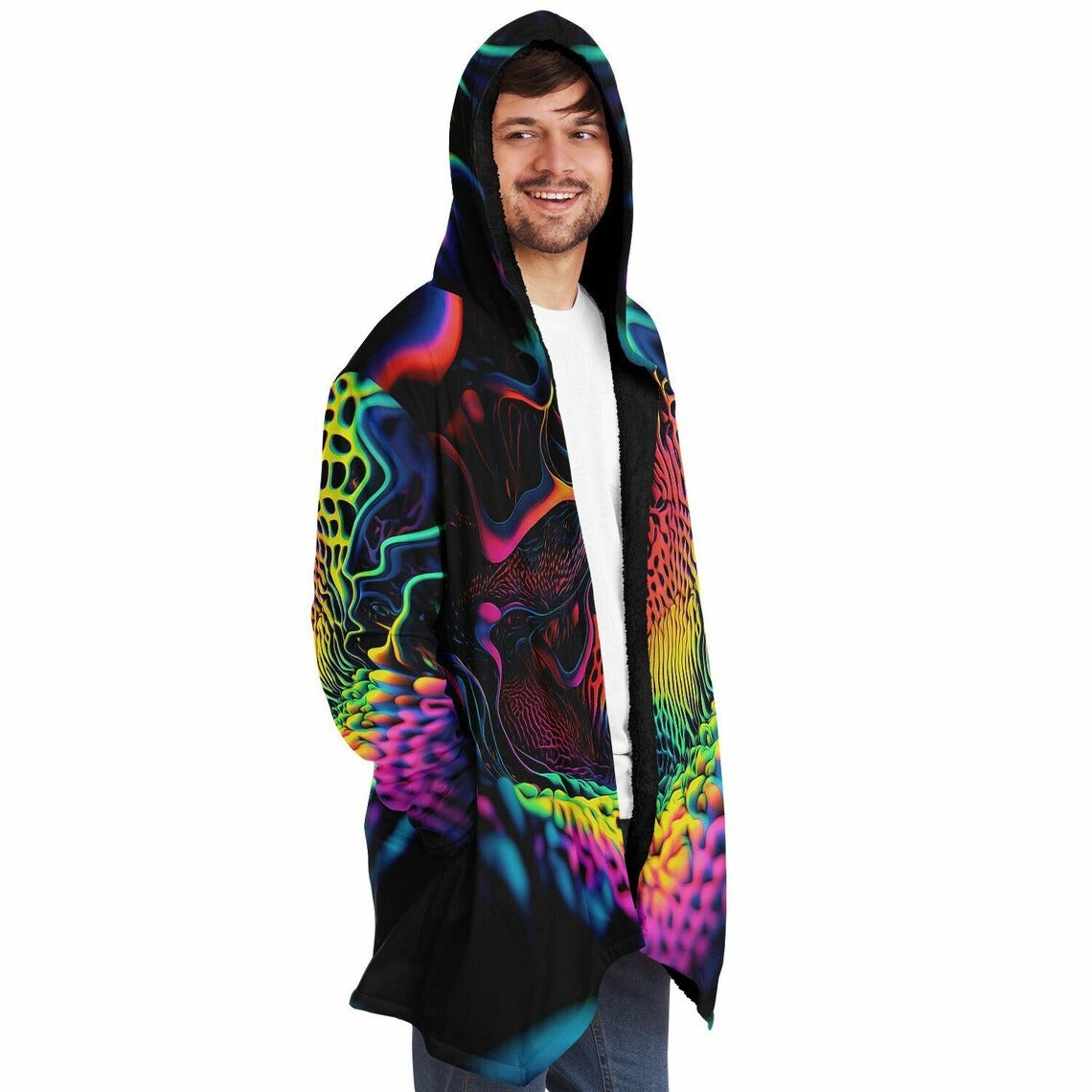 Trippy Neon HOODED CLOAK, Vibrant Neon Rave Jacket, Psychedelic Cape, Colorful Festival Coat, Unique Outerwear for Festivals, Wizard Robe