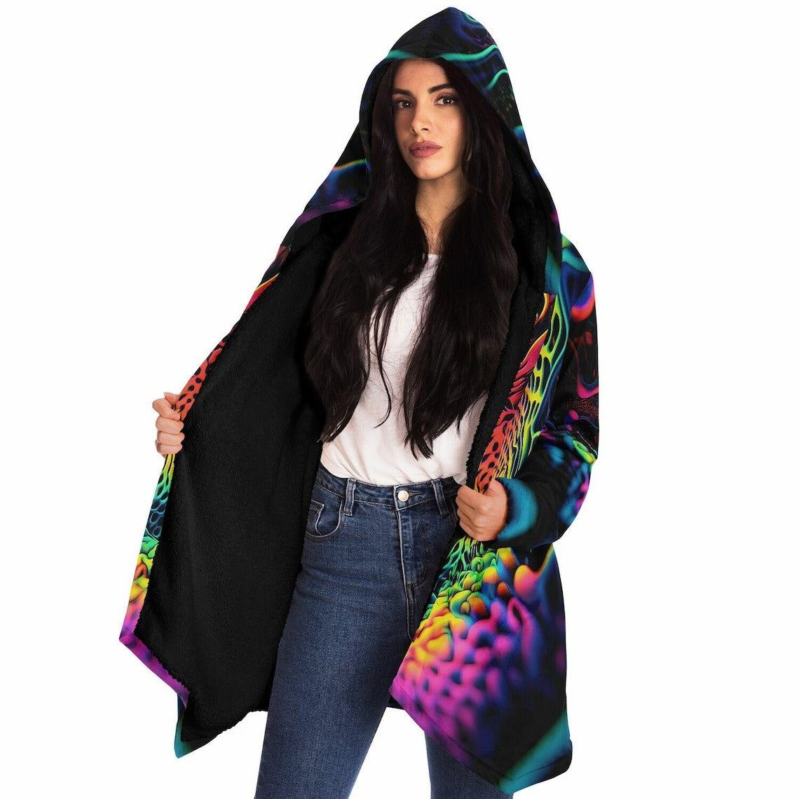 Trippy Neon HOODED CLOAK, Vibrant Neon Rave Jacket, Psychedelic Cape, Colorful Festival Coat, Unique Outerwear for Festivals, Wizard Robe