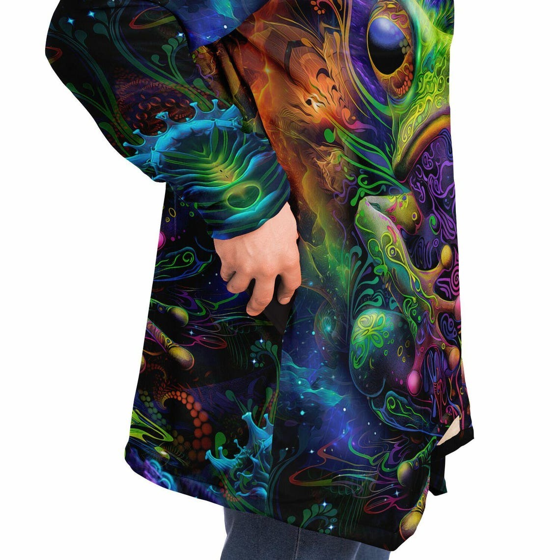 Frog Art HOODED CLOAK, Visionary Art, Psychedelic Cape, Vibrant Rave Jacket, Colorful Festival Coat, Unique Fractal Outerwear for Festivals