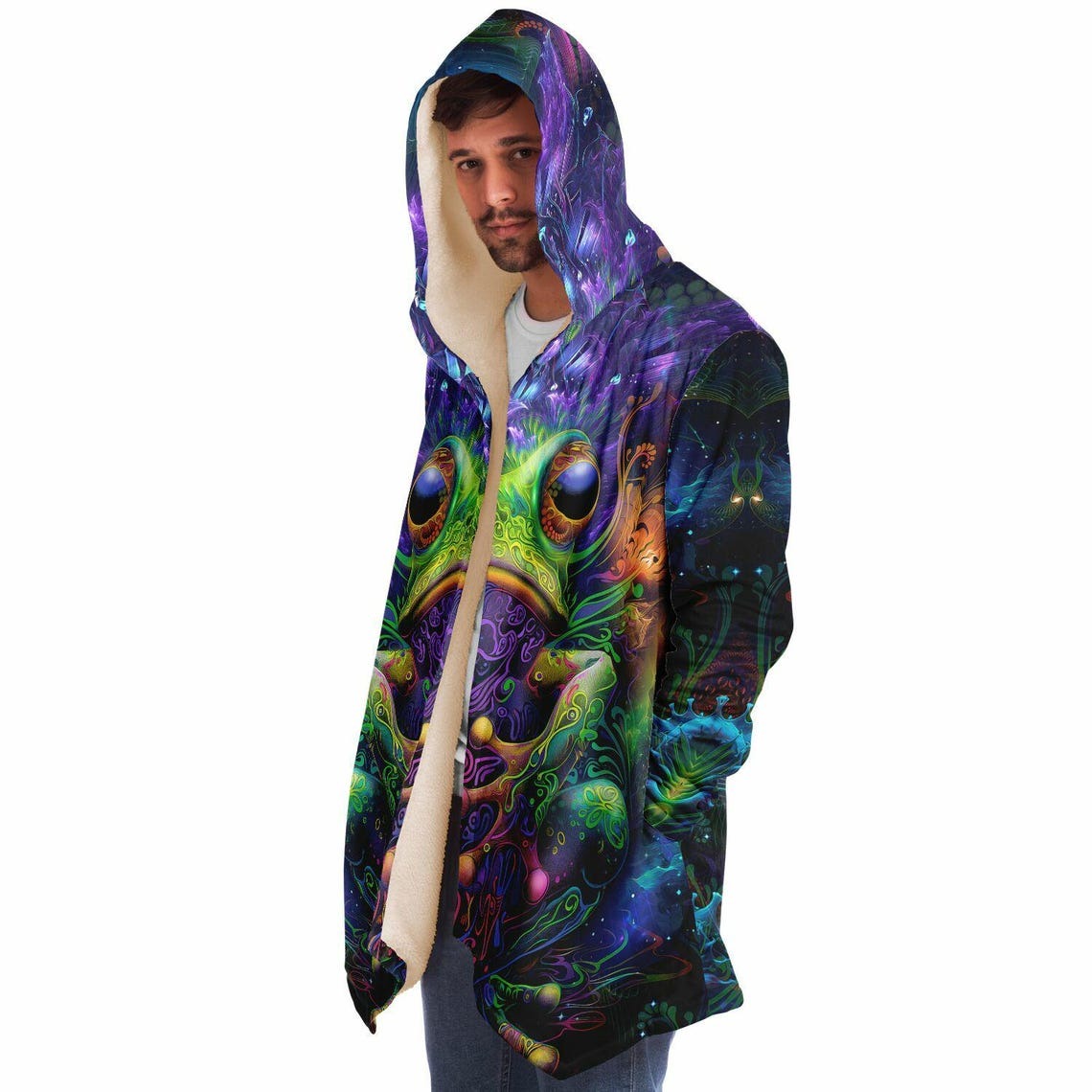 Frog Art HOODED CLOAK, Visionary Art, Psychedelic Cape, Vibrant Rave Jacket, Colorful Festival Coat, Unique Fractal Outerwear for Festivals