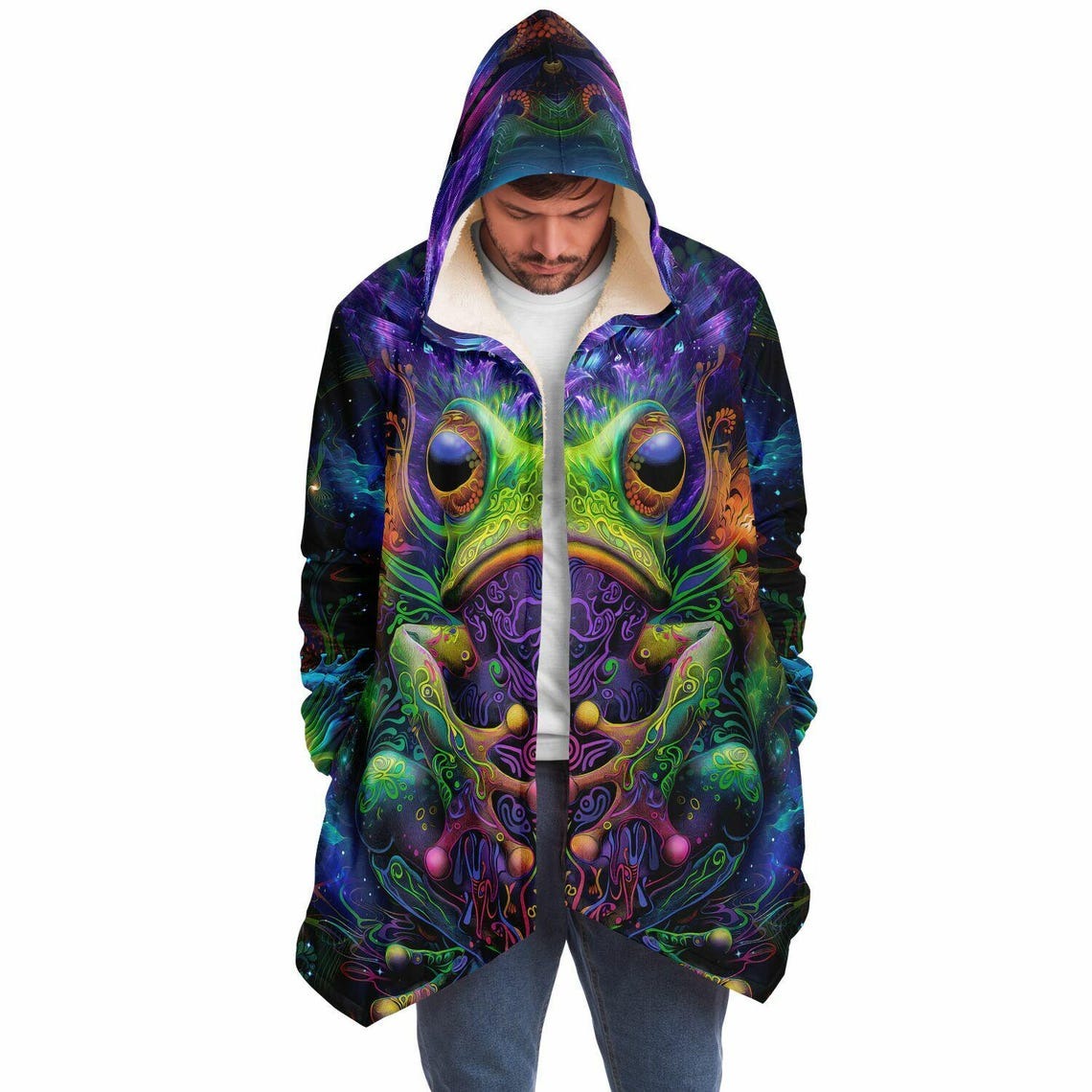Frog Art HOODED CLOAK, Visionary Art, Psychedelic Cape, Vibrant Rave Jacket, Colorful Festival Coat, Unique Fractal Outerwear for Festivals