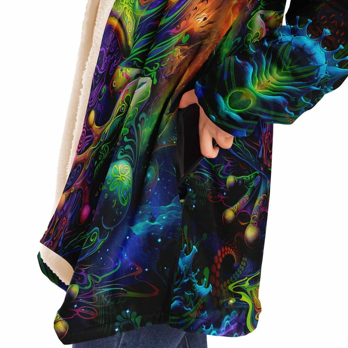 Frog Art HOODED CLOAK, Visionary Art, Psychedelic Cape, Vibrant Rave Jacket, Colorful Festival Coat, Unique Fractal Outerwear for Festivals