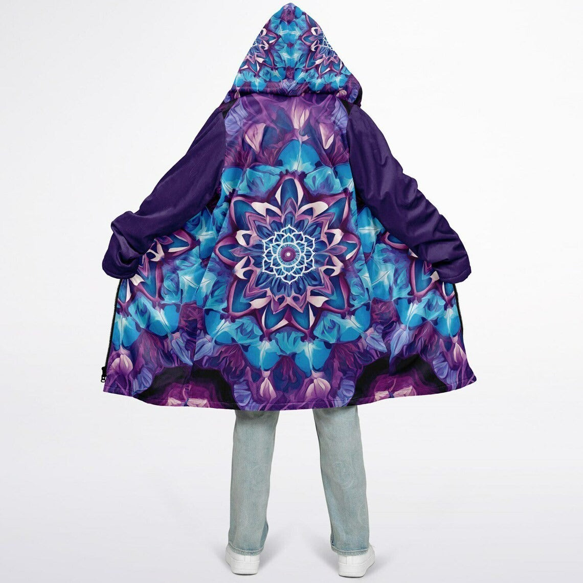 Mandala Cloak, Psychedelic Lotus Hooded Robe, Purple Blue Spiritual Sherpa Hoodie, Visionary Festival Cape for Women & Men