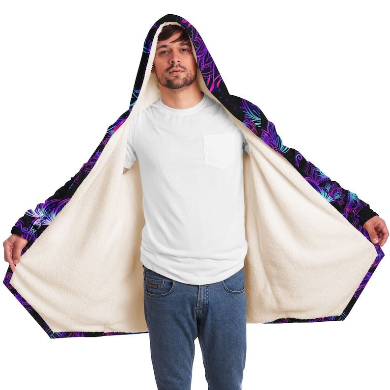 Starlight Mandala Festival Cloak, Hooded Cloak, Rave Cloak, Festival Jacket, Micro-Fleece Cloak, Geometry Cloak