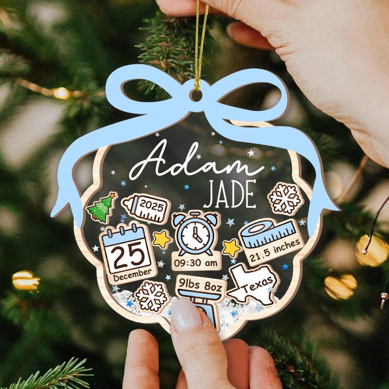 Baby’s First Christmas Ornament 2025, Personalized Birth Stats Ornament, Newborn Keepsake Gift, Custom Pink Blue Bow Xmas Tree Decoration