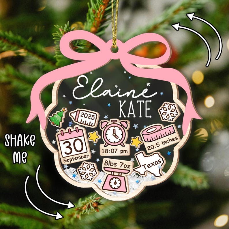 Baby’s First Christmas Ornament 2025, Personalized Birth Stats Ornament, Newborn Keepsake Gift, Custom Pink Blue Bow Xmas Tree Decoration