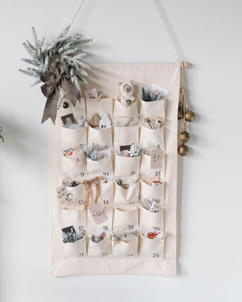 Minimalist Fabric Advent Calendar, Christmas Countdown Wall Hanging, 24 Pocket Reusable Calendar, Holiday Decor Gift