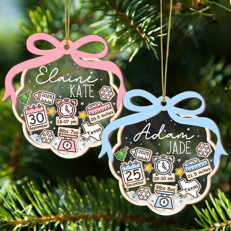 Baby’s First Christmas Ornament 2025, Personalized Birth Stats Ornament, Newborn Keepsake Gift, Custom Pink Blue Bow Xmas Tree Decoration