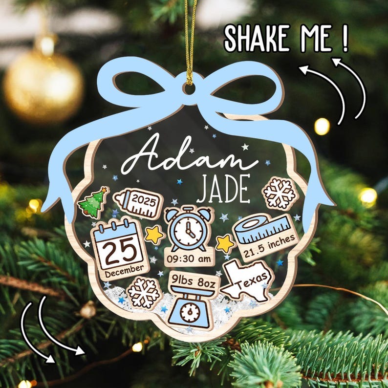 Baby’s First Christmas Ornament 2025, Personalized Birth Stats Ornament, Newborn Keepsake Gift, Custom Pink Blue Bow Xmas Tree Decoration