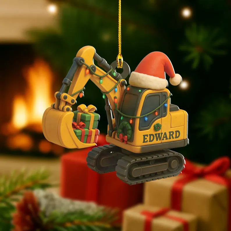 Personalized 2D Flat Excavator Ornament Christmas : Construction Truck Holiday Decor