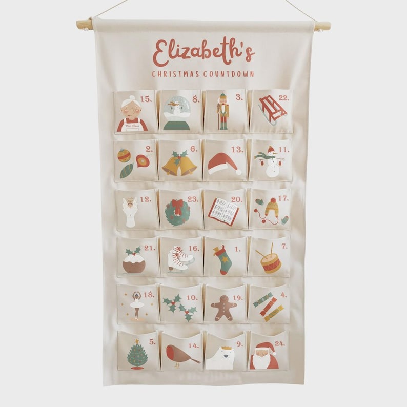 Personalized Christmas Countdown Advent Calendar, Custom Fabric Wall Hanging, 24 Pockets Holiday Decor, Kids Gift Idea