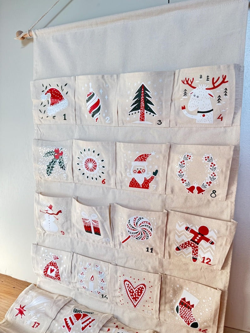 Personalized Fabric Advent Calendar, Christmas Countdown Wall Hanging, Reusable Holiday Decor, Gift Bag Pockets, Kids Advent Gift Idea