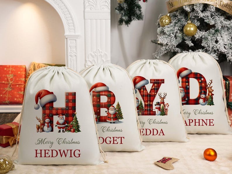 Custom Christmas Gift Bag, Personalized Santa Sack, Large Xmas Gift Bag with Initial Letter & Name, Holiday Present Bag for Kids & Family