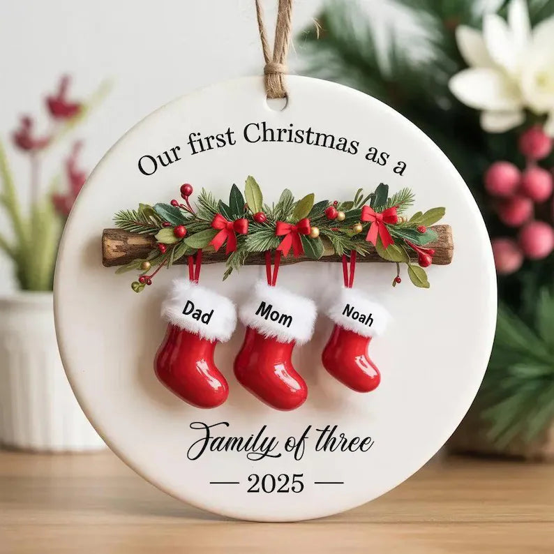 Personalized Family of Three Ceramic Ornament  Christmas 2025, Custom New Family Ornament, Baby's First Christmas Ornament