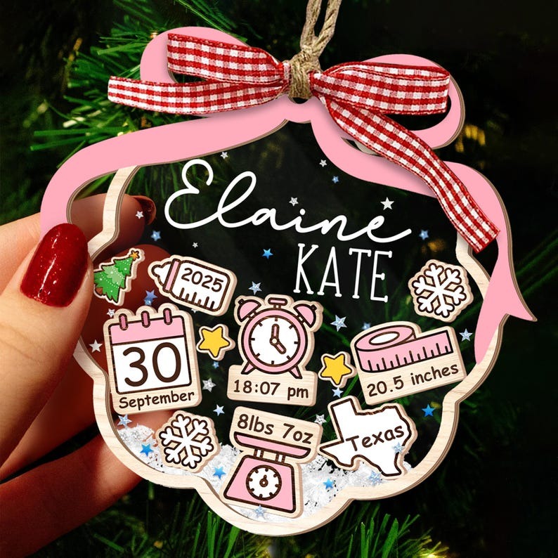 Baby’s First Christmas Ornament 2025, Personalized Birth Stats Ornament, Newborn Keepsake Gift, Custom Pink Blue Bow Xmas Tree Decoration