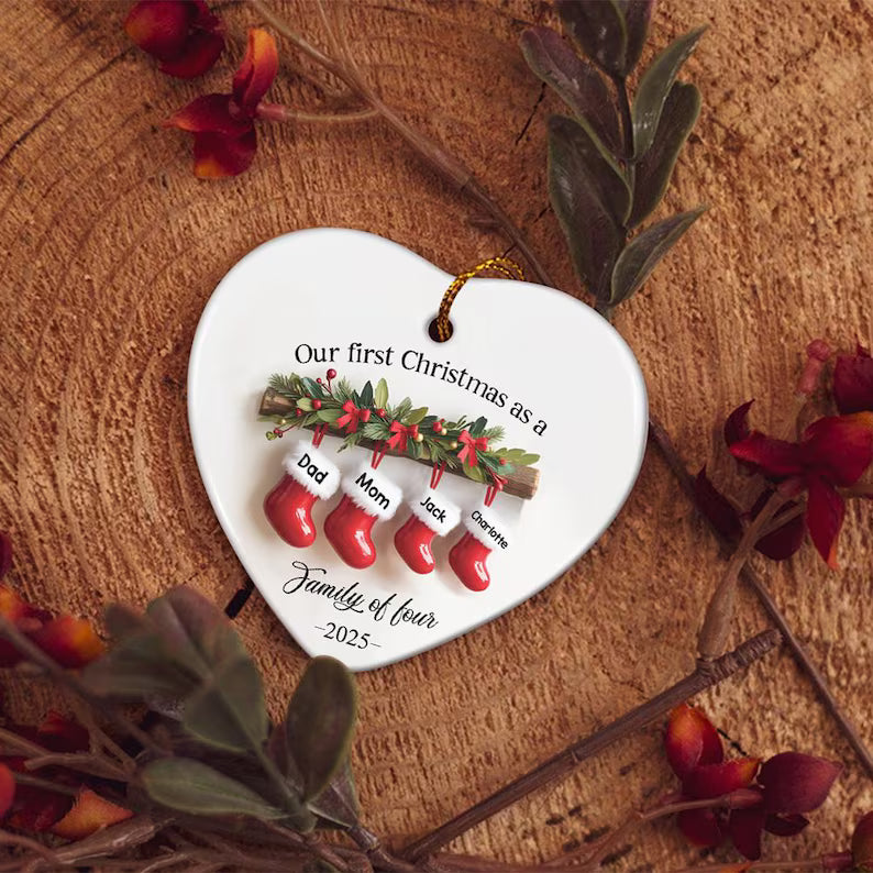 Personalized Family of Three Ceramic Ornament  Christmas 2025, Custom New Family Ornament, Baby's First Christmas Ornament